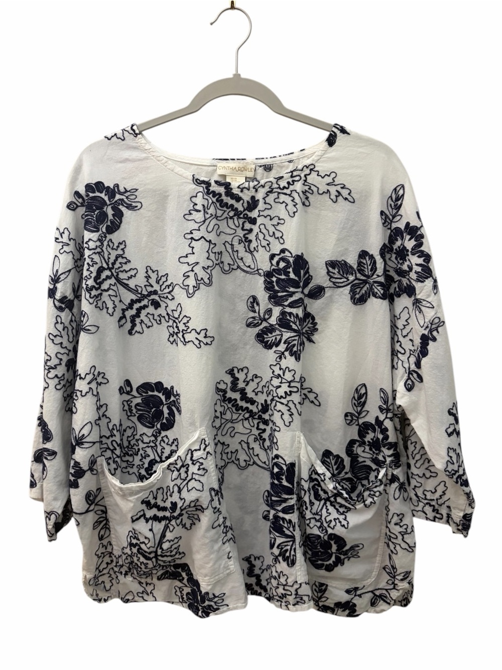 Cynthia Rowley Boxy Coastal Lagenlook Embroidered 100% Cotton Blouse 2X Pockets